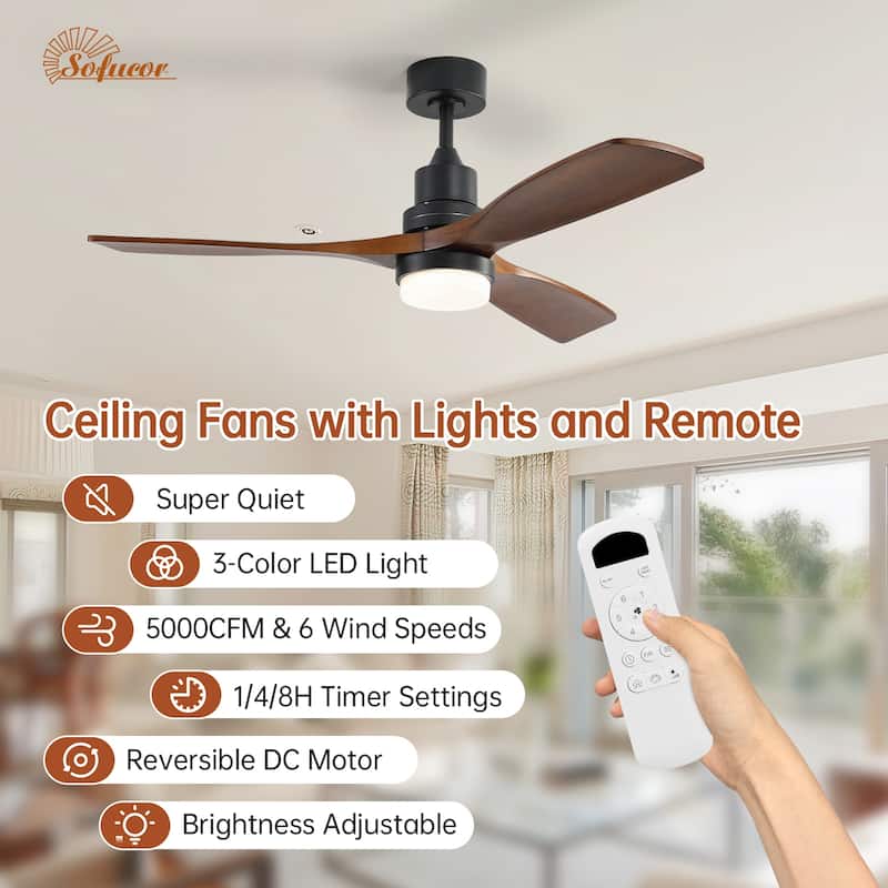 60 Inch Solid Wood Ceiling Fan with Light and Remote, Reverse Functions, Integrated Light Optional
