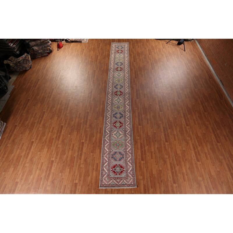 Gray Kazak Runner Rug Handmade Oriental Wool Carpet - 2'8" x 20'0"