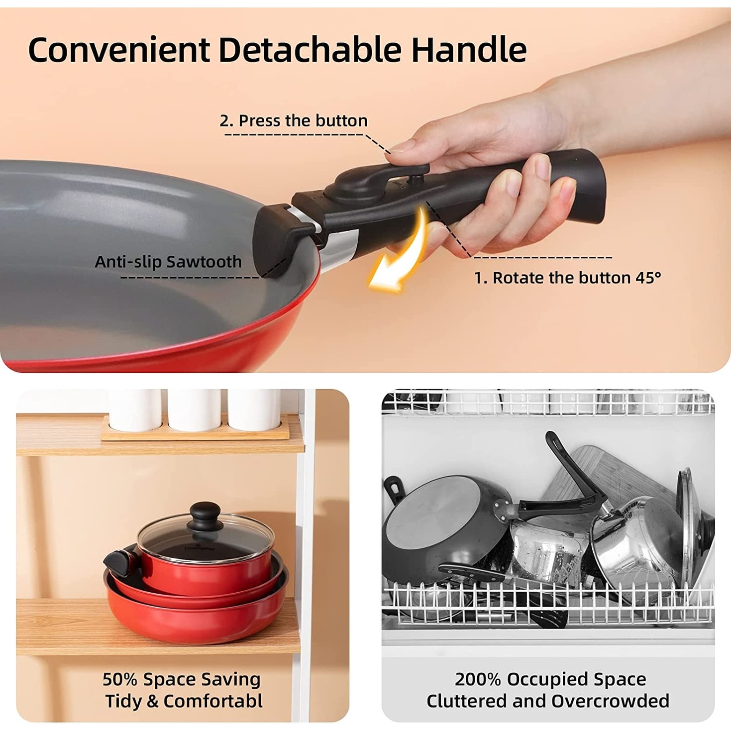 REMOVABLE HANDLE' COOKWARE SET (SPACE SAVING NON-STICK GRANITE COOKWARE  POTS & PANS) 