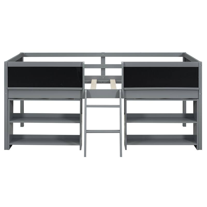 Wooden Loft Bed Frame with 2 Movable Shelves, Twin Size Low Loft Bed, Solid Pine Twin Bed Frame with Chalkboard