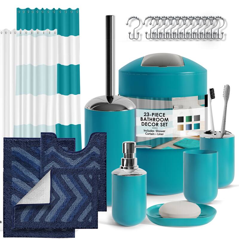 Clara Clark Bathroom Accessories Set with Shower Curtain and Rugs - Teal Blue