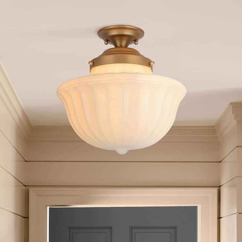 1-Light 14.9" Gold Mid-Century Modern Geometric Milky White Glass Semi-Flush Mount Light - 14.9 in. W x 14.5 in. H