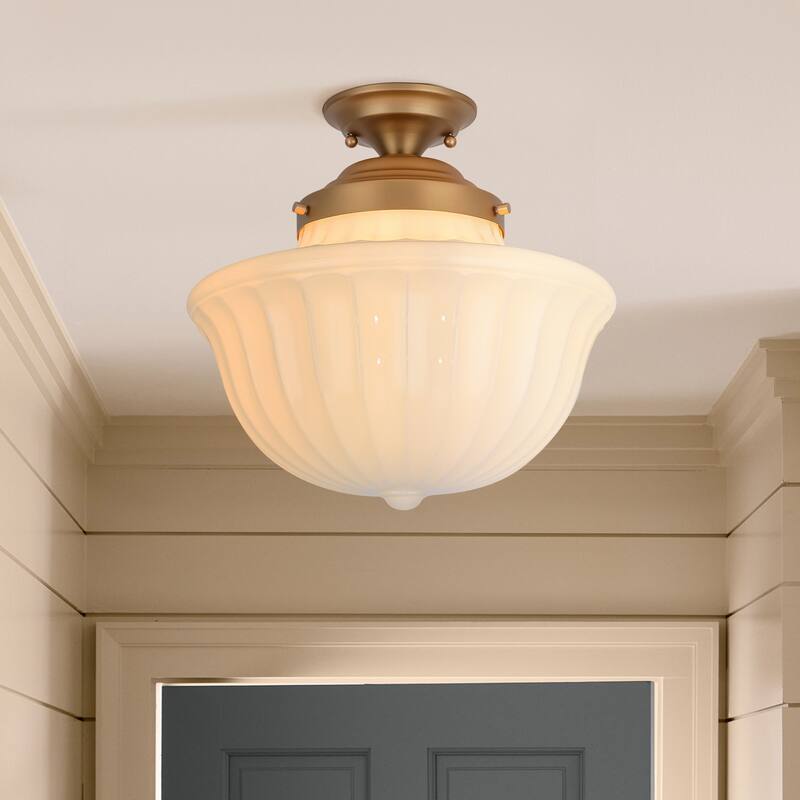 1-Light 14.9" Mid-Century Modern Gold Geometric Cone Milky White Glass Semi-Flush Mount Light - 14.9 in. W x 14.5 in. H