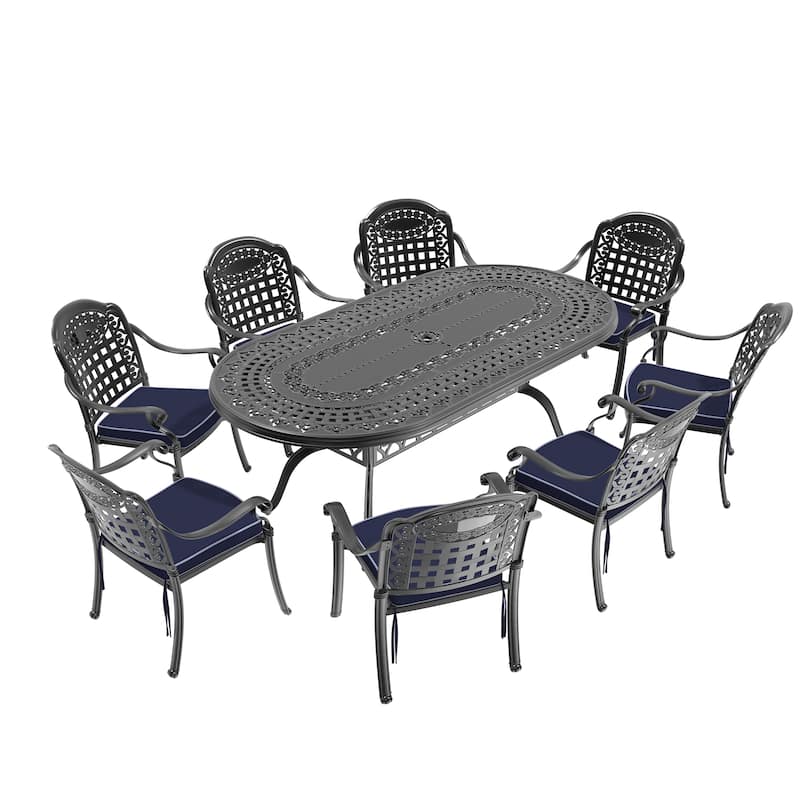 7/9-Piece Cast Aluminum Outdoor Dining Set with 82.87'' L X 42.13'' W Oval Table and Random Color Seat Cushions