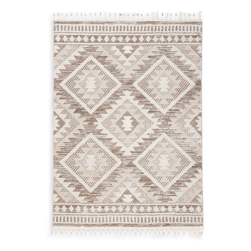 Doel 8 x 11 Large Area Rug, Diamond Abstract Design, Braided Tassel, Beige - 8 x 11
