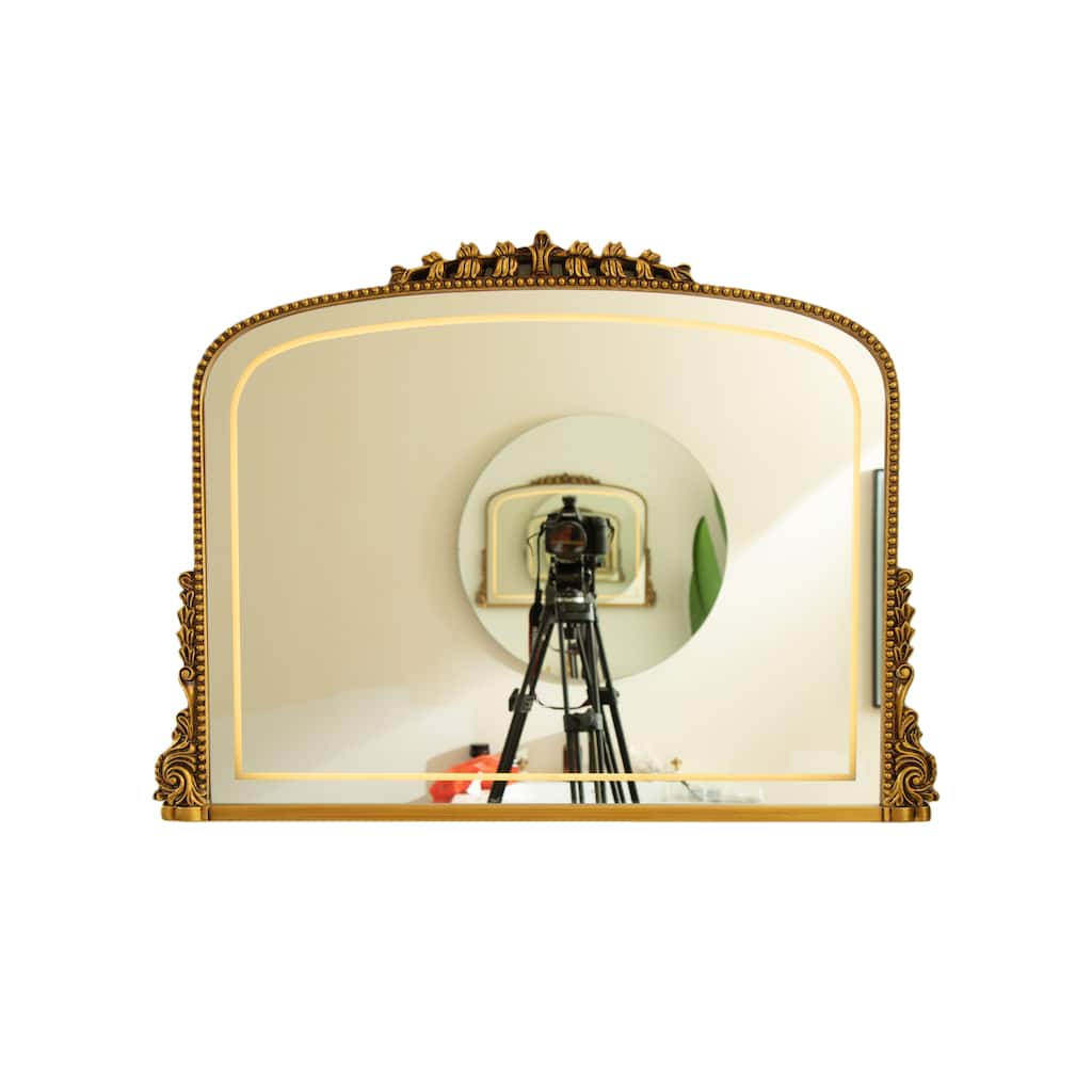 35" Mirror, Exquisite Retro-style Irregular PU Art Decorative Mirror, Three Color Temperatures are Available for Bathroom