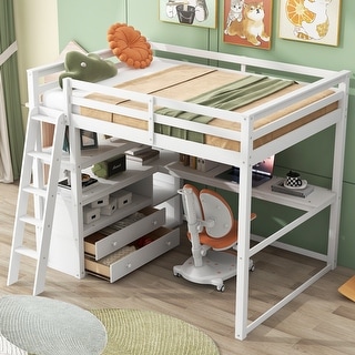White Modern Pine Wood Loft Bed with Desk, Shelves, and Two Built-in Drawers