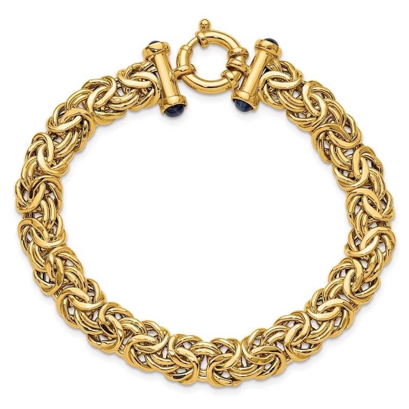 Curata Solid 18k Yellow Gold Italian 7.5" or 8" 9.5mm Byzantine Bracelet with Genuine Sapphire Endcaps