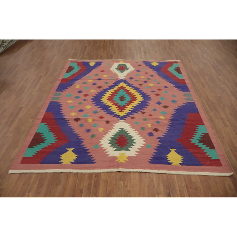 Hand Woven Oriental 100% Wool Carpet Southwestern Tribal Pink Kilim Area Rug - 9' 6'' X 8' 3''
