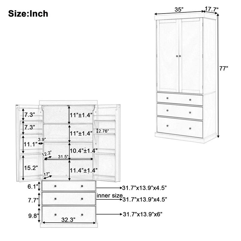 77"Farmhouse Kitchen Pantry, Freestanding Tall Cupboard Storage Cabinet with 3 Adjustable Shelves, 8 Door Shelves, 3 Drawers