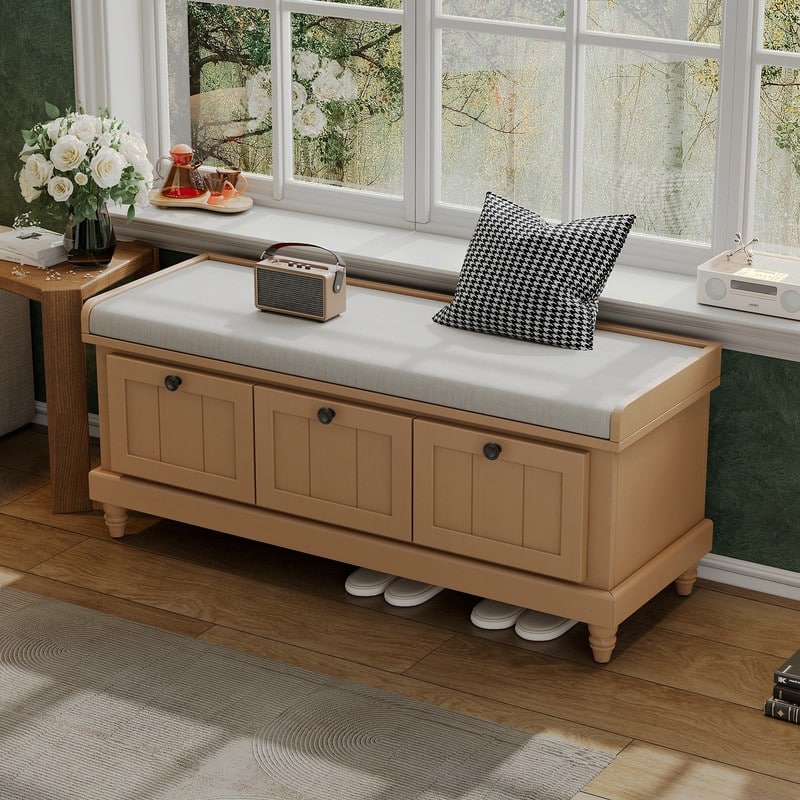 Classic Storage Bench with Cushioned Seat and Drawers - Natural