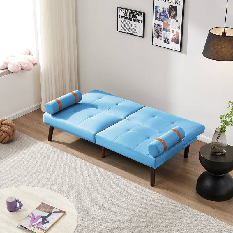 Convertible Sofa Bed Futon with Solid Wood Legs Linen Fabric - Blue