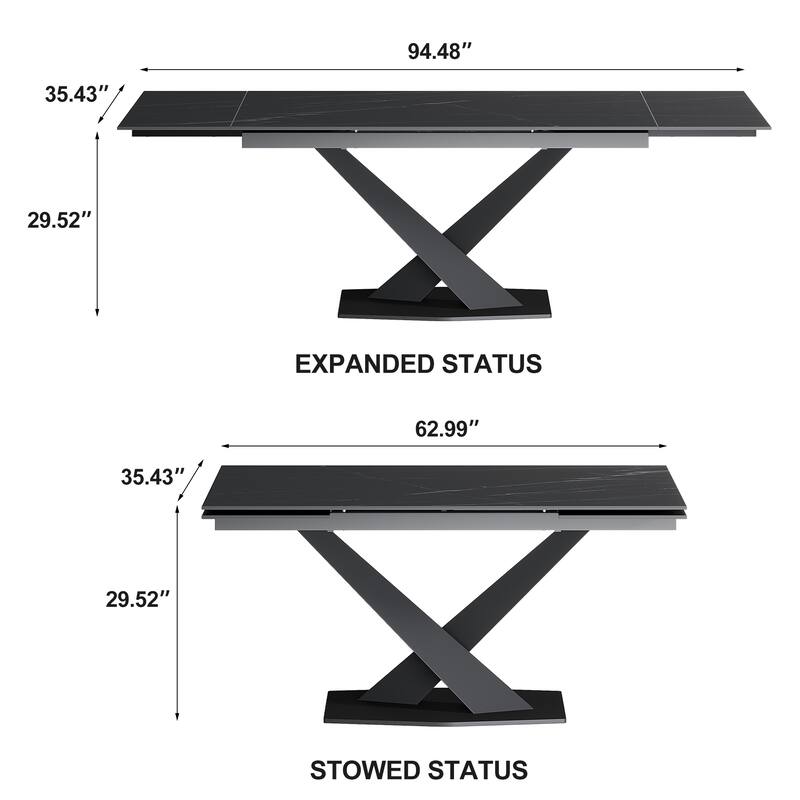 94.48" Modern Extendable Rectangular Sintered Stone Dining Table For 8 person - 62.99" - 94.48"