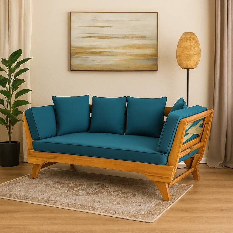 Flex Outdoor Daybed, 65 Inch Teak Brown Acacia Wood, Blue Cushions