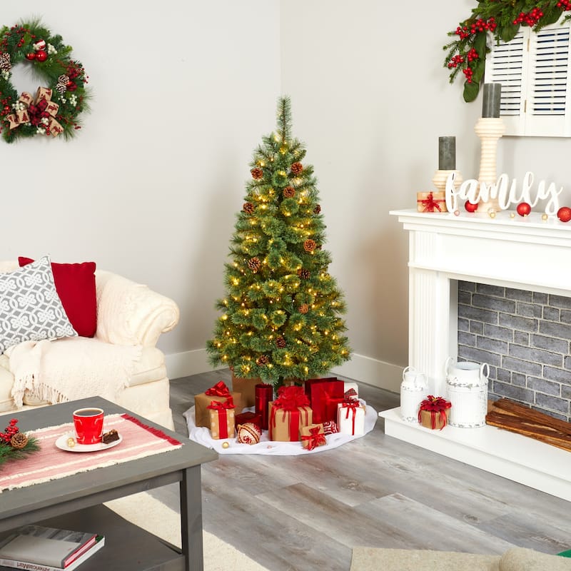 5Ft Artificial Christmas Tree with Lights - White Pine Holiday Decor, Pre-Lit Tree, Festive Holiday Tree - Green - 50