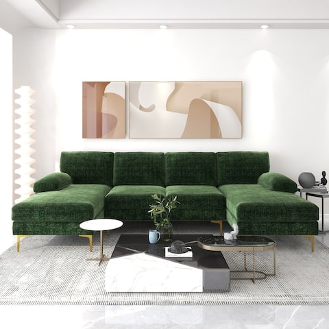 Modern Linen Upholstered U-shaped Sectional Sofa with Double Chaises