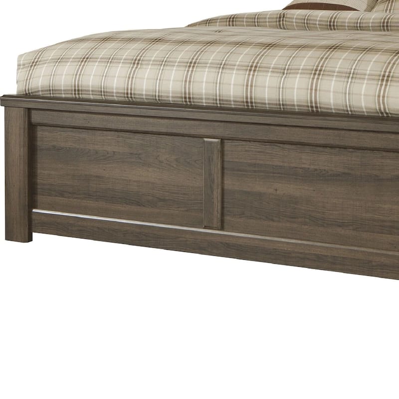 Joi Queen Size Bed, Plank Panel Design, Aged Oak Brown Rough Sawn