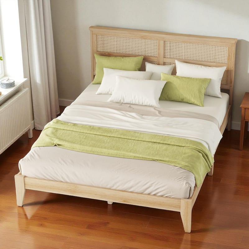 Queen Size Solid Rubber Wood Bed with Rattan Headboard, Durable Frame with Central Support Feet and Under-Bed Storage - Natural - Queen