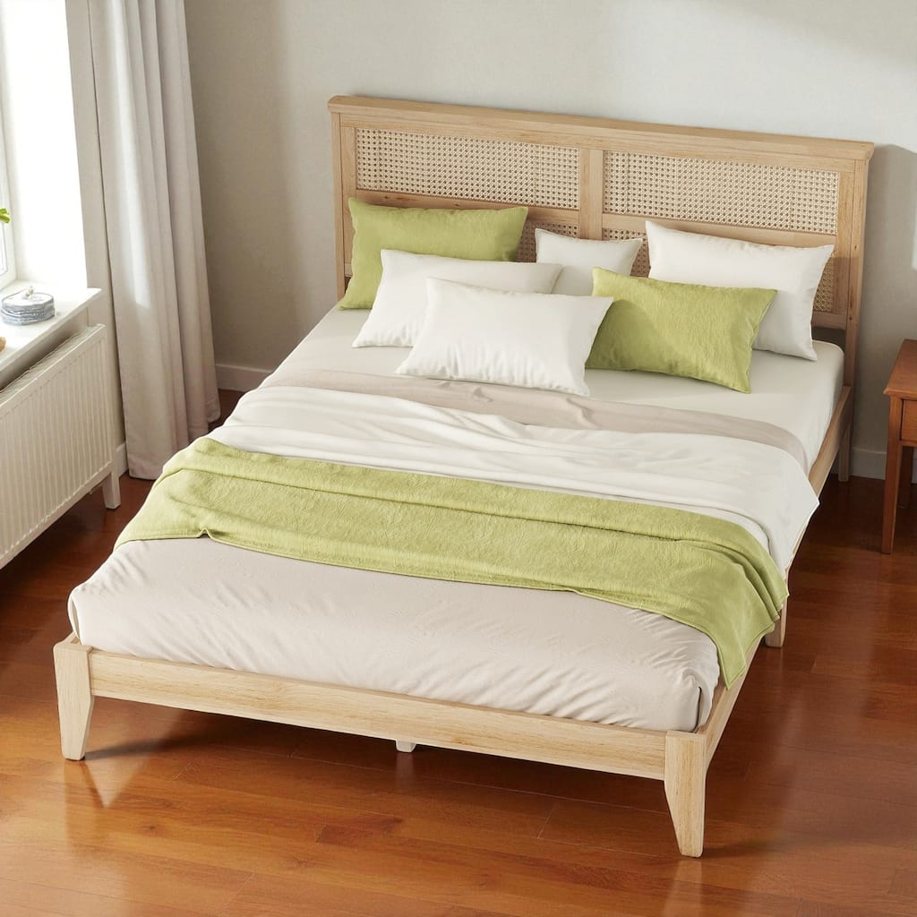 Queen Size Solid Rubber Wood Bed with Rattan Headboard, Durable Frame with Central Support Feet and Under-Bed Storage