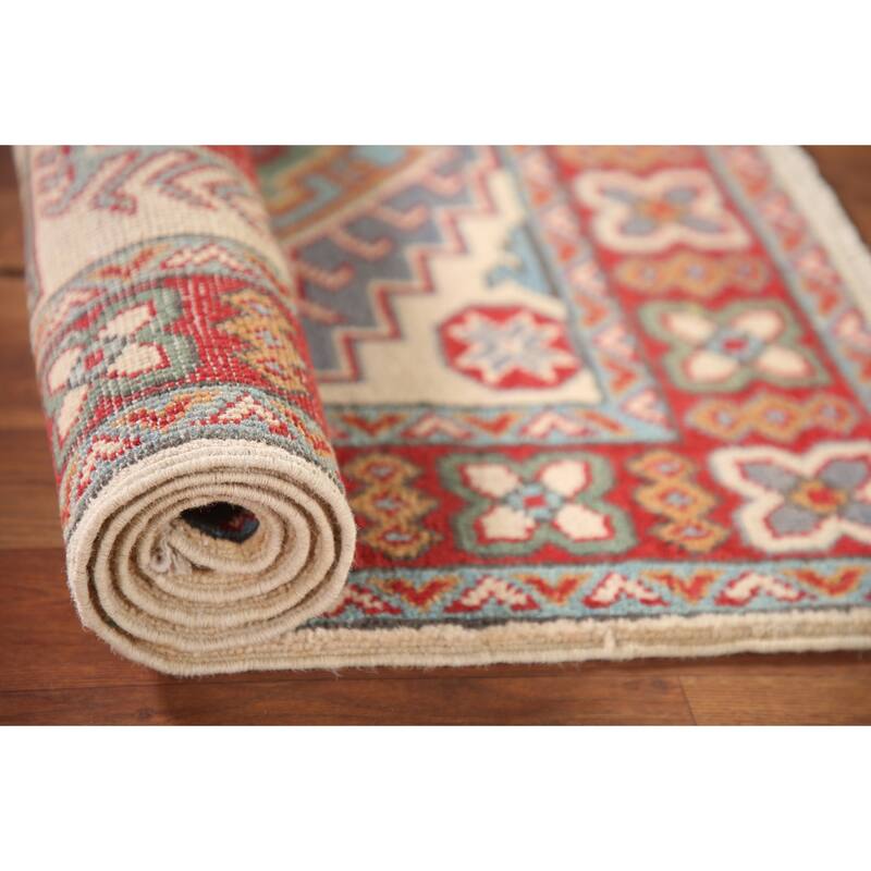 Ivory & Red Geometric Kazak Oriental Accent Rug Handmade Wool Carpet - 2'7" x 4'1"
