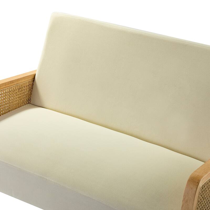 Sybil 43" Contemporary Solid Wood Upholstered Handcrafted Loveseat with Rattan Arms by HULALA HOME