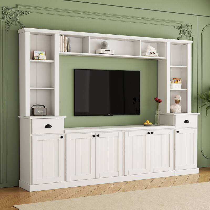 Minimalist Entertainment Wall Unit with Bridge for 75" TVs & Adjustable Shelves - White