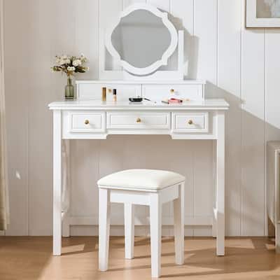 Compact Makeup Vanity Table with Reversible Mirror and Stool for Small Places