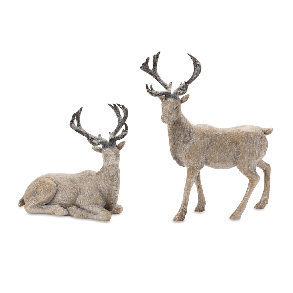 Frosted Winter Deer Christmas Figurines - 11" - Brown and Beige - Set of 2