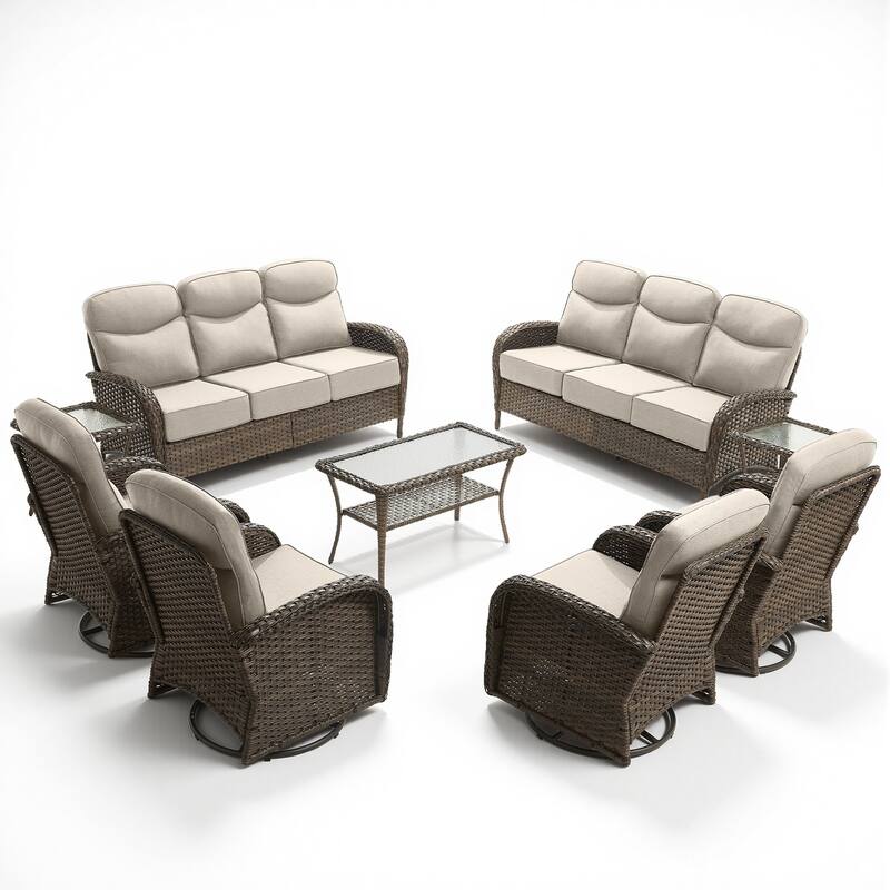 Pocassy Patio 9-Piece Sofa Swivel Chair with Coffee Table - Brown Wicker Beige Cushion