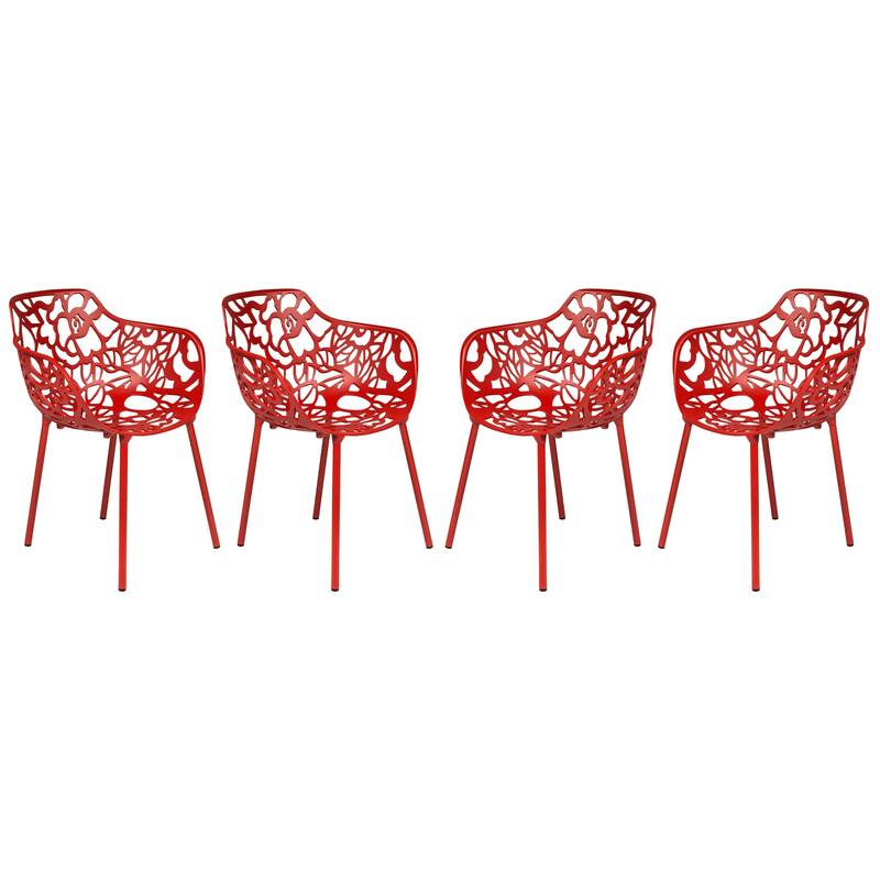 Devon Outdoor Aluminum Dining Chair with Floral Cutout, Stackable, Weather-Resistant, UV-Protected, Indoor/Patio Seating - Red