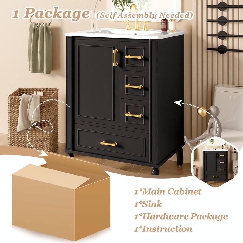 24" Modern Bathroom Vanity with Ceramic Sink, Soft-Close Door, 3 Drawers, Gold Handles & Door Rack