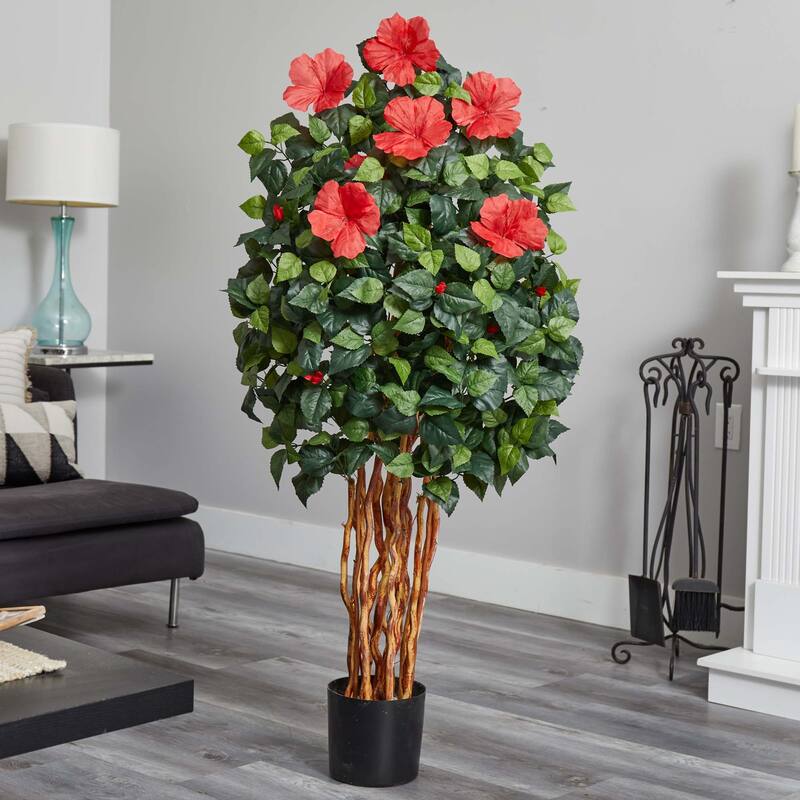 5' Red Artificial Hibiscus Tree in Black Pot