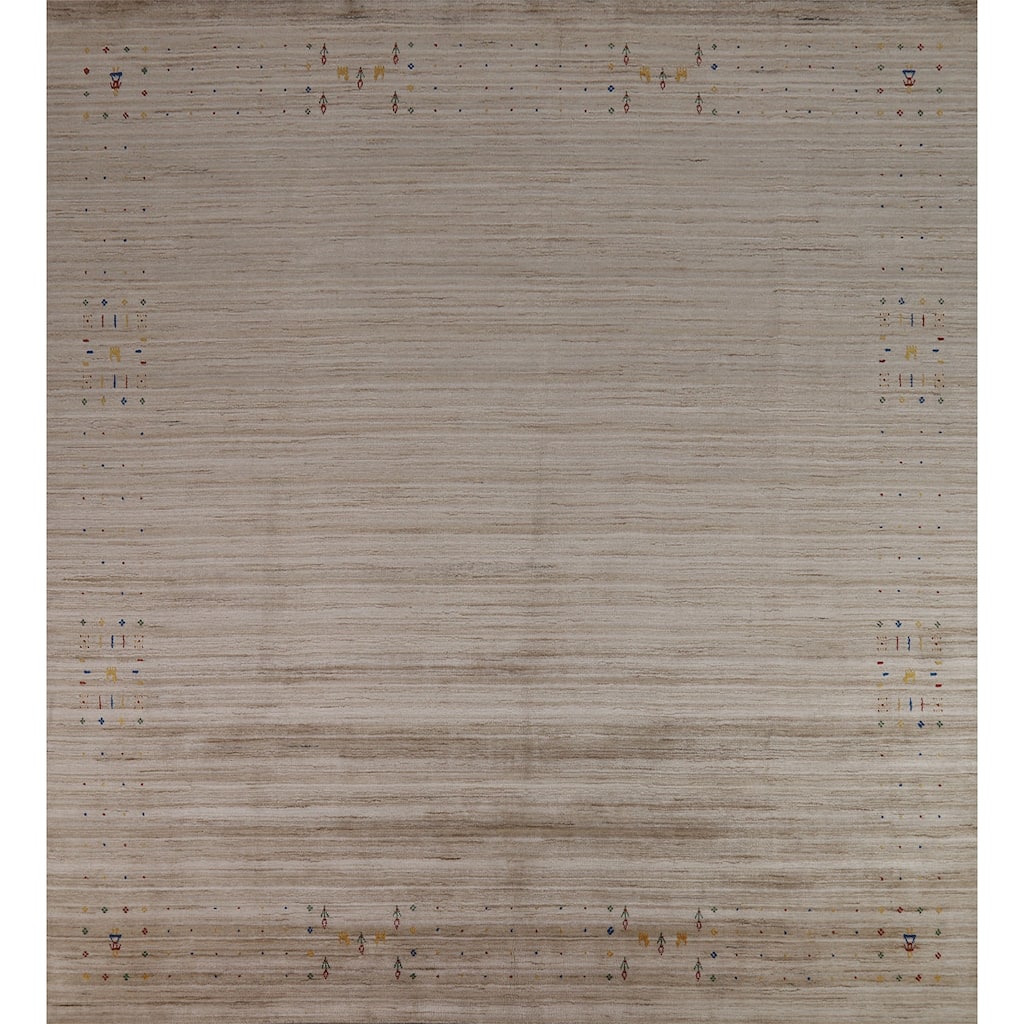 Striped Camel Gabbeh Oriental Square Rug Handmade Wool Carpet - 9'11" x 9'7"