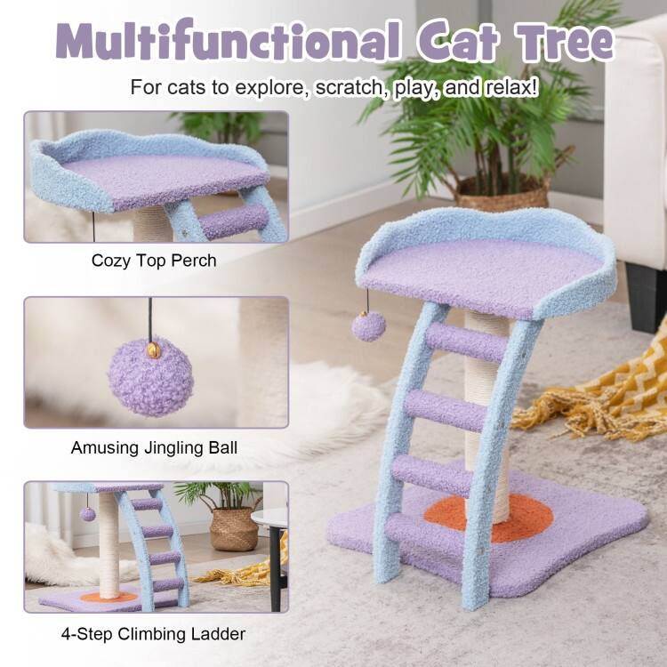 19 Inch Plush Cat Tree with Ladder and Jingling Ball-Purple
