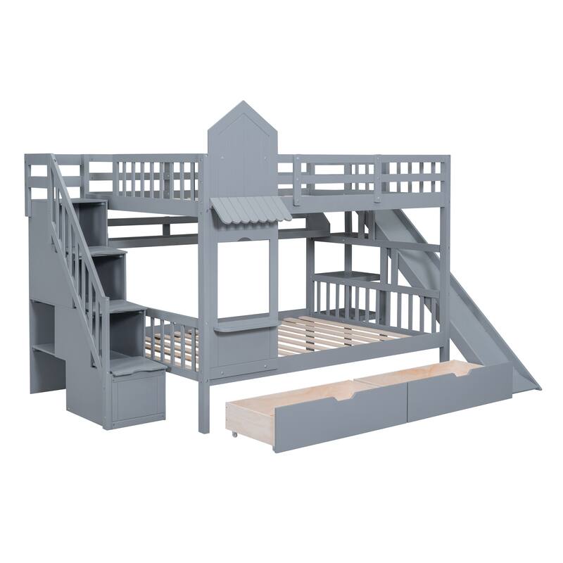Castle Style Twin/Full Bunk Bed with Slide, 2 Drawers, 3 Shelves, and Playhouse Design