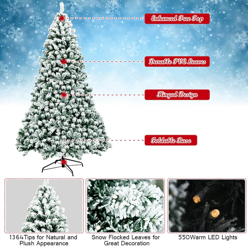 Costway 7.5Ft Pre-Lit Premium Snow Flocked Hinged Artificial Christmas - 7.5 FT