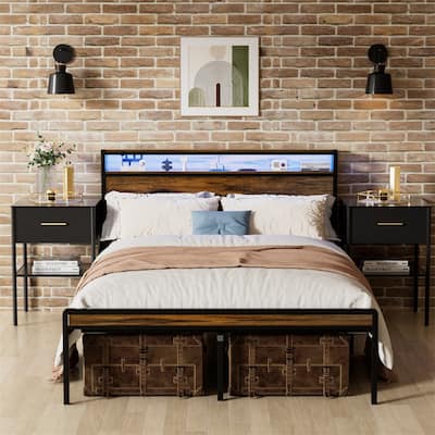 Queen Size Bed Frame, Storage Headboard w/ LED light, Charging Station