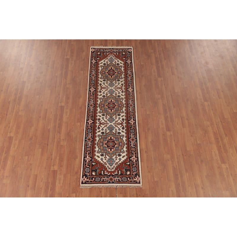 Geometric Beige Heriz-Serapi Oriental Runner Rug Handmade Wool Carpet - 2'6"x 8'0"