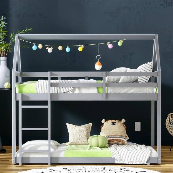 slide 2 of 12, Artsy Twin over Twin Rubber Wood Floor Bunk Bed with ladder and Guardrails Grey