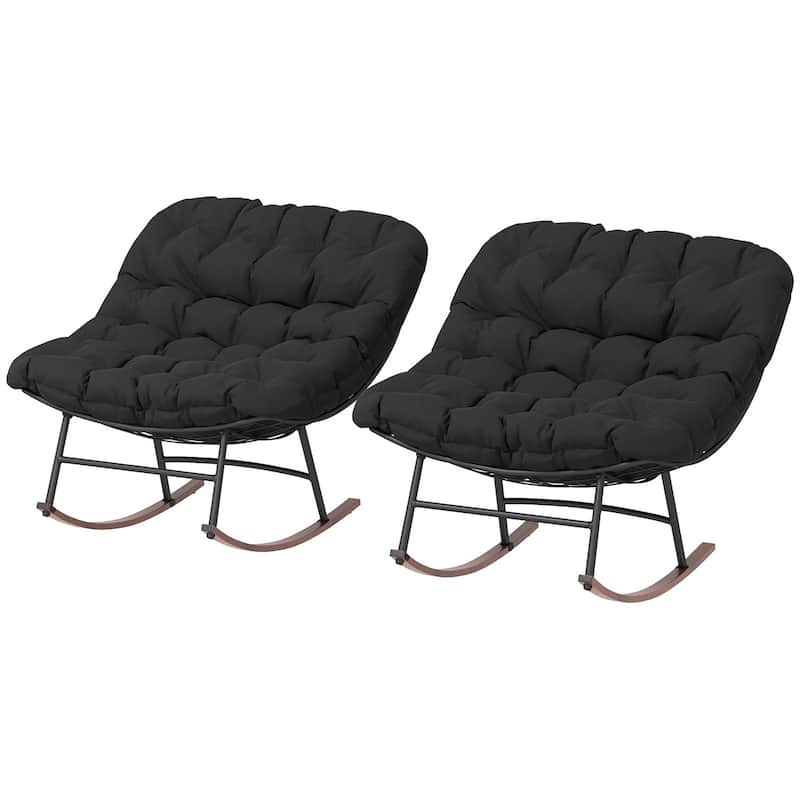 Steel Rocking Chairs with Cushions Woodgrain Base Indoor Outdoor Set of 2 - 36.6" W x 39.8" D x 30.7" H - Black