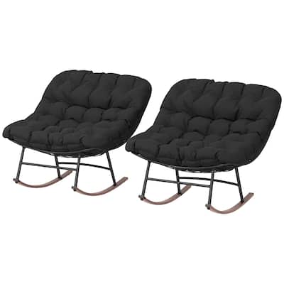 Steel Rocking Chairs with Cushions Woodgrain Base Indoor Outdoor Set of 2 - 36.6" W x 39.8" D x 30.7" H