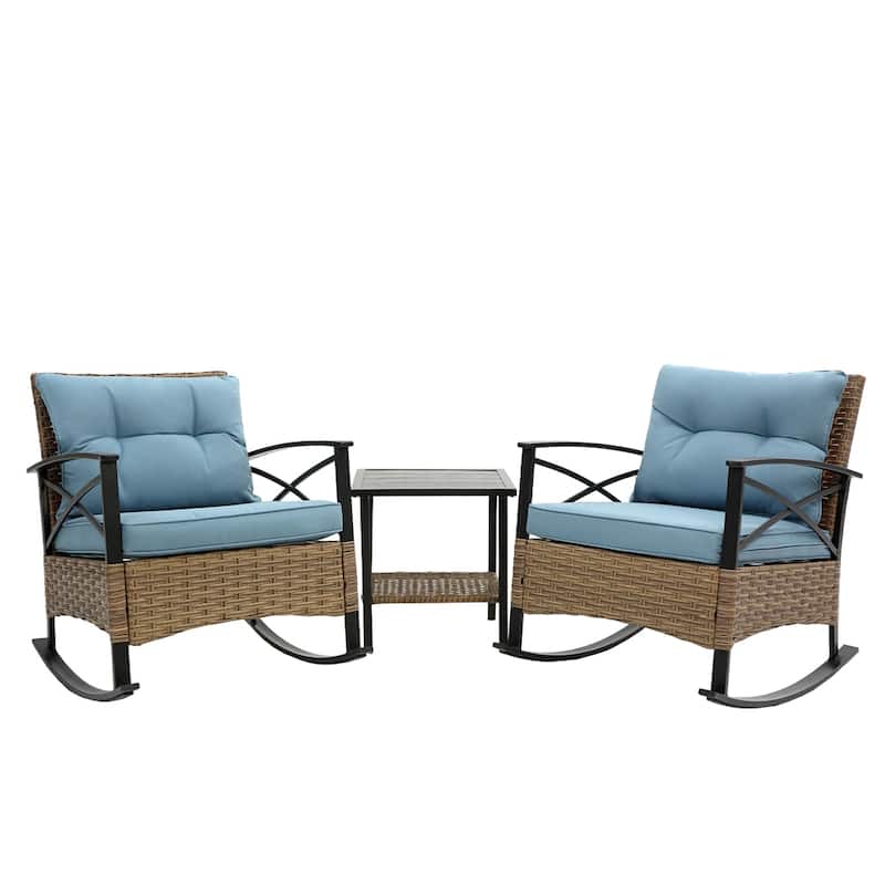 3 PCS Outdoor Rocking Rattan Set with Steel Frame - Blue