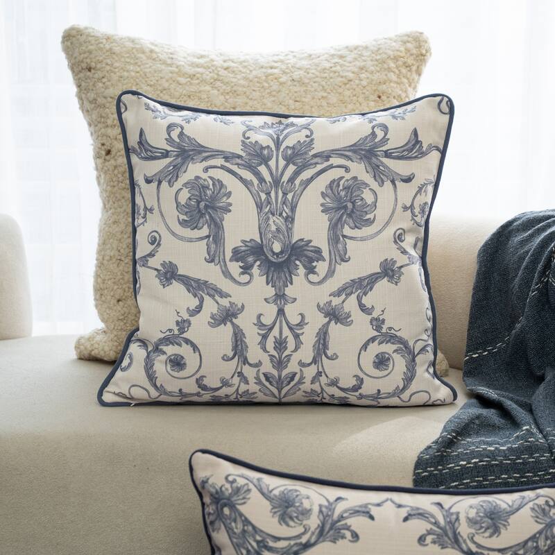 Reversible Damask Floral Outdoor Patio Square Throw Pillow - 20" - Cream and Blue