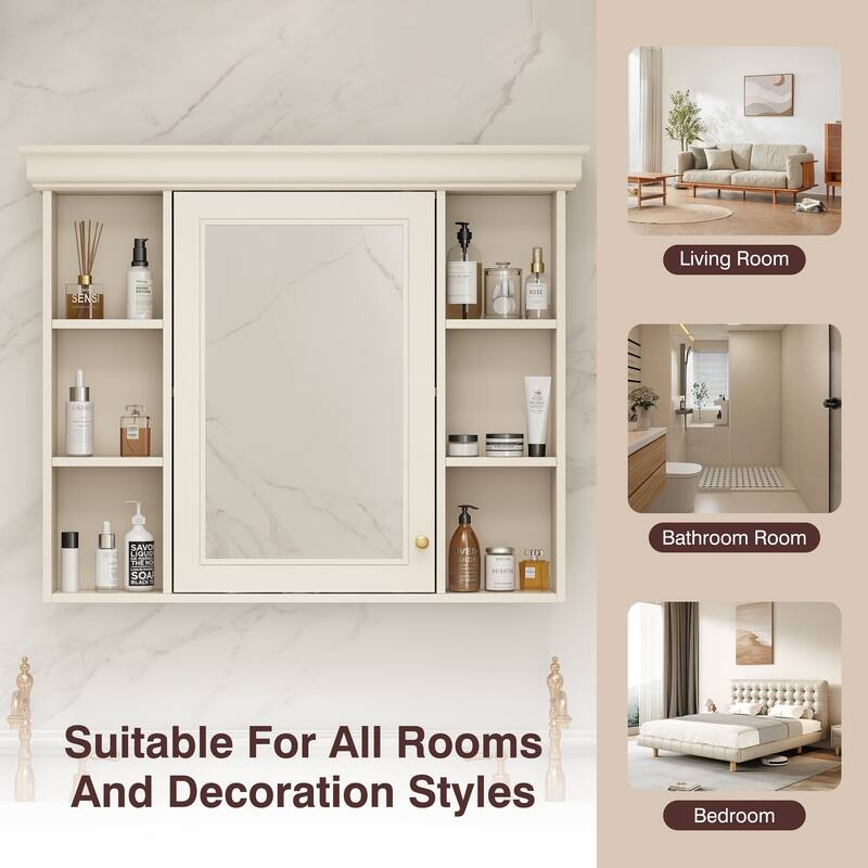 Modern Bathroom Wall Cabinet with Mirror and 6 Open Shelves, 35'' x 28'' Blue Wall Mounted Bathroom Storage Cabinet