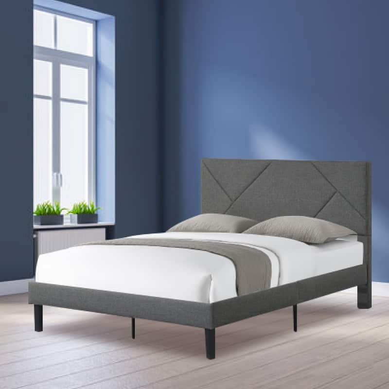 Modern bed frame Grey platform bed Linen queen bed