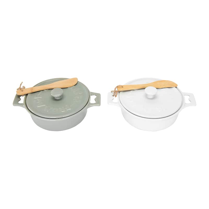 Round Stoneware Brie Bakers with Lids & Wood Spreaders (Set of 2 Colors)