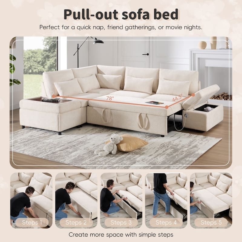 107'' Modular Chenille L-shape Sectional Sofa with Pull-out Sofa and Storage Ottoman
