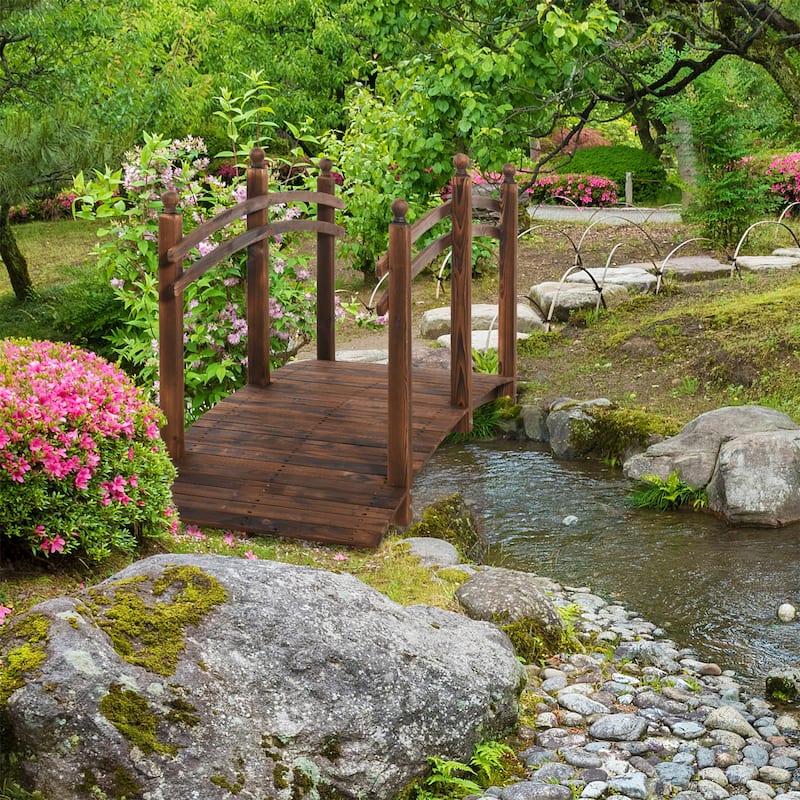 Wood Garden Bridge Arc Walkway with Side Railings