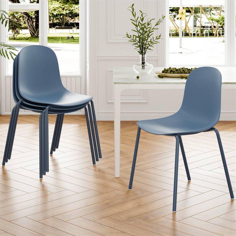 Set of 4 Modern Plastic Stackable Dining Chairs - Blue