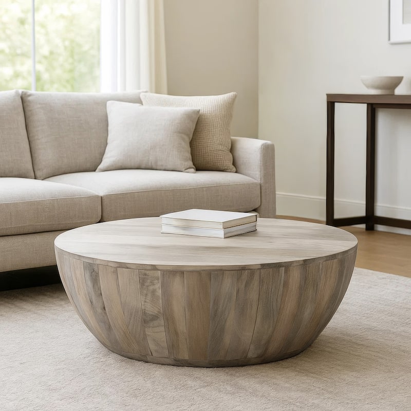 Arthur 35.5 Inch Round Mango Wood Coffee Table Subtle Grains - Distressed White